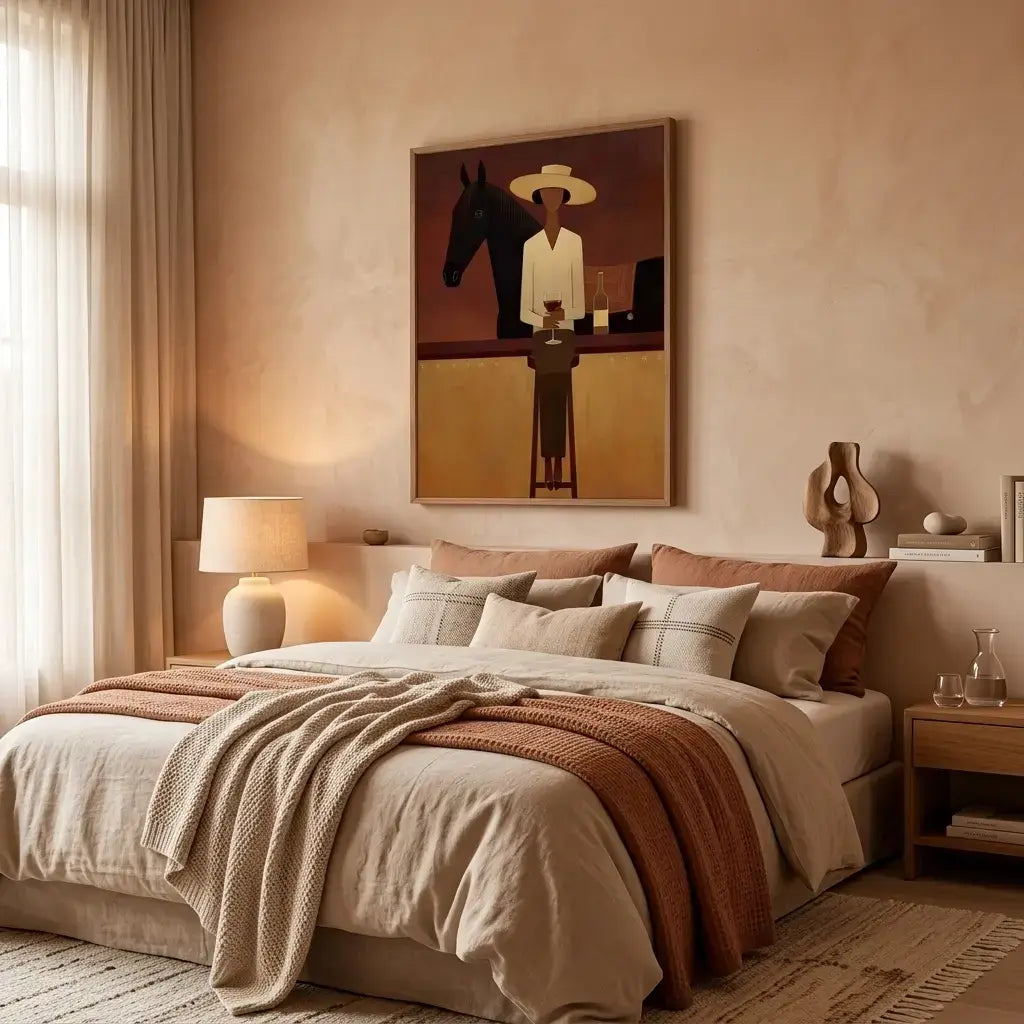 Cozy bedroom with a bed, lamp, and wall art in a warm color scheme.