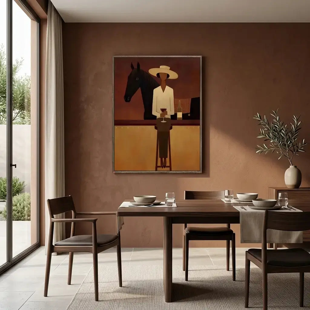 Dining room with a wooden table and chairs, a horse and person painting on the wall, and a vase with plants.