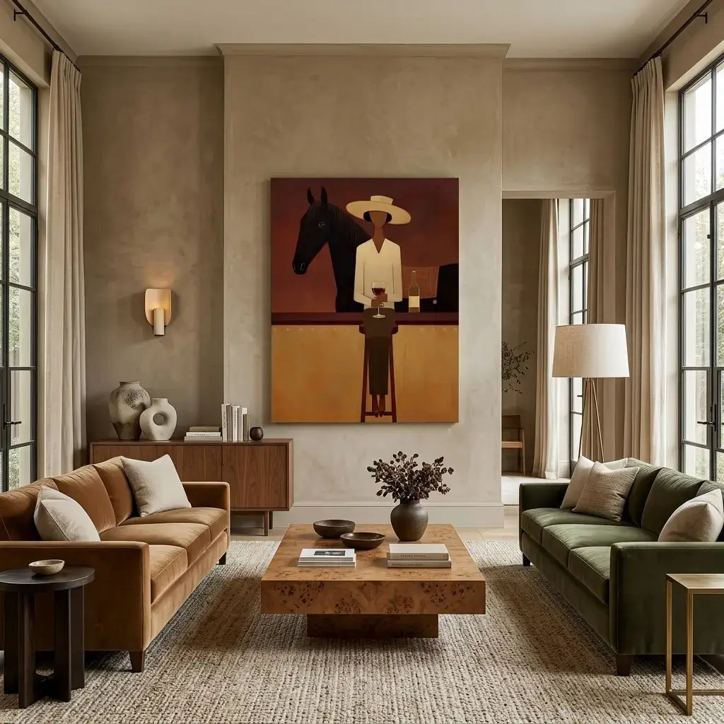 Modern living room with brown sofa, green sofa, wooden coffee table, and wall art.