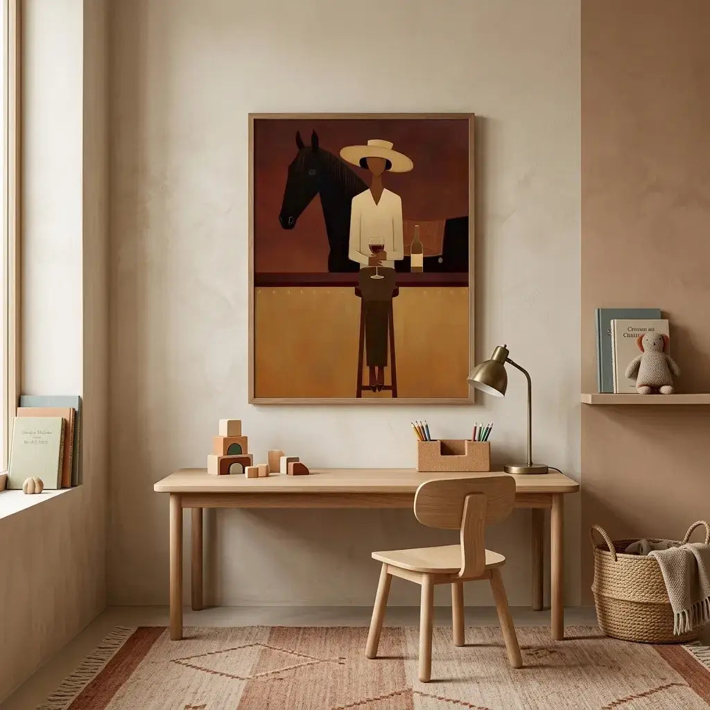 Nordic-style room with wooden desk, chair, and wall art of a person with a horse.