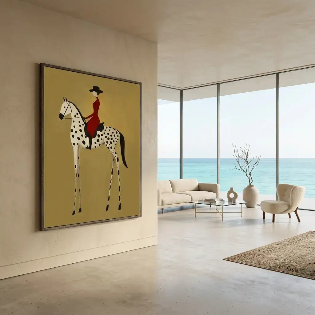 Living room with a large painting of a horse on a yellow background, overlooking a beach.