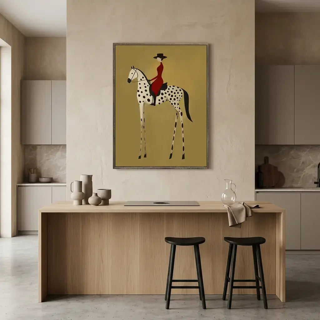 Kitchen interior with a painting of a horse and rider on the wall.