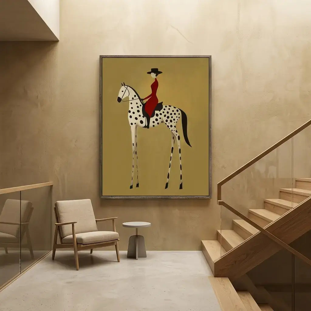 Staircase with a framed artwork of a horse and rider on a beige wall.