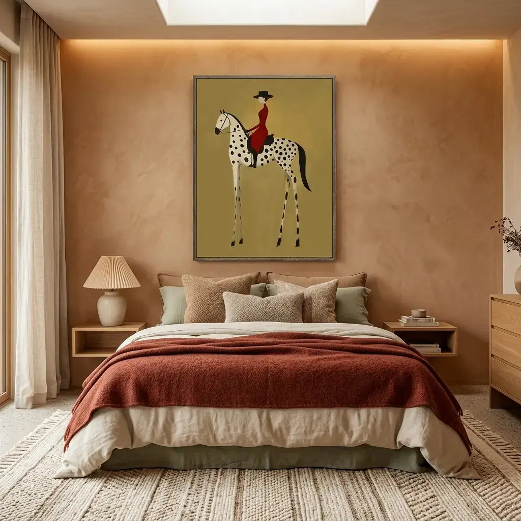 Bedroom with a horse and rider painting on the wall, red blanket on the bed, and wooden nightstands.