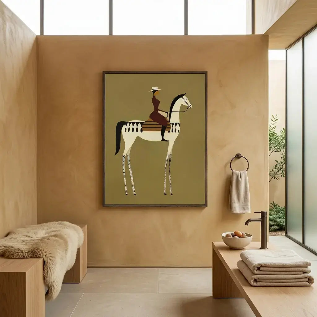 Bathroom interior with a framed artwork of a person on a horse, towels, and a bowl.