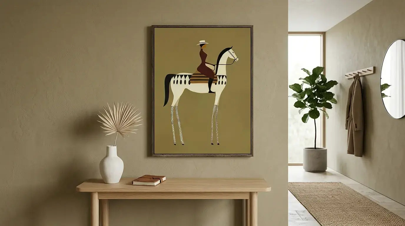 Framed artwork of a rider on a horse above a wooden table in a room with a plant and mirror.