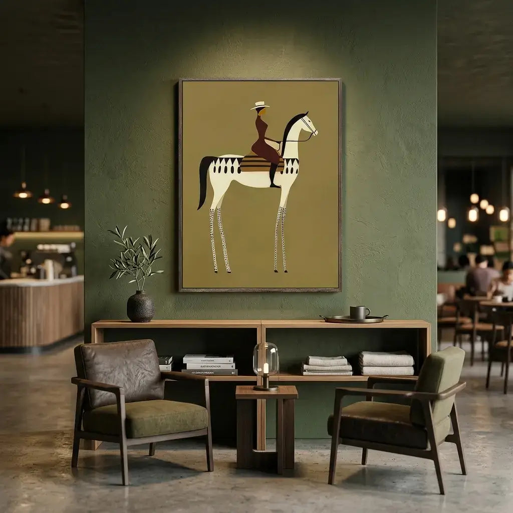 Dining area with a horse painting on the wall, chairs, and a table.