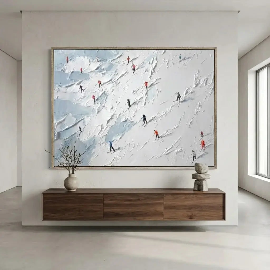 Large abstract painting of skiers on a snowy mountain in a modern living room.