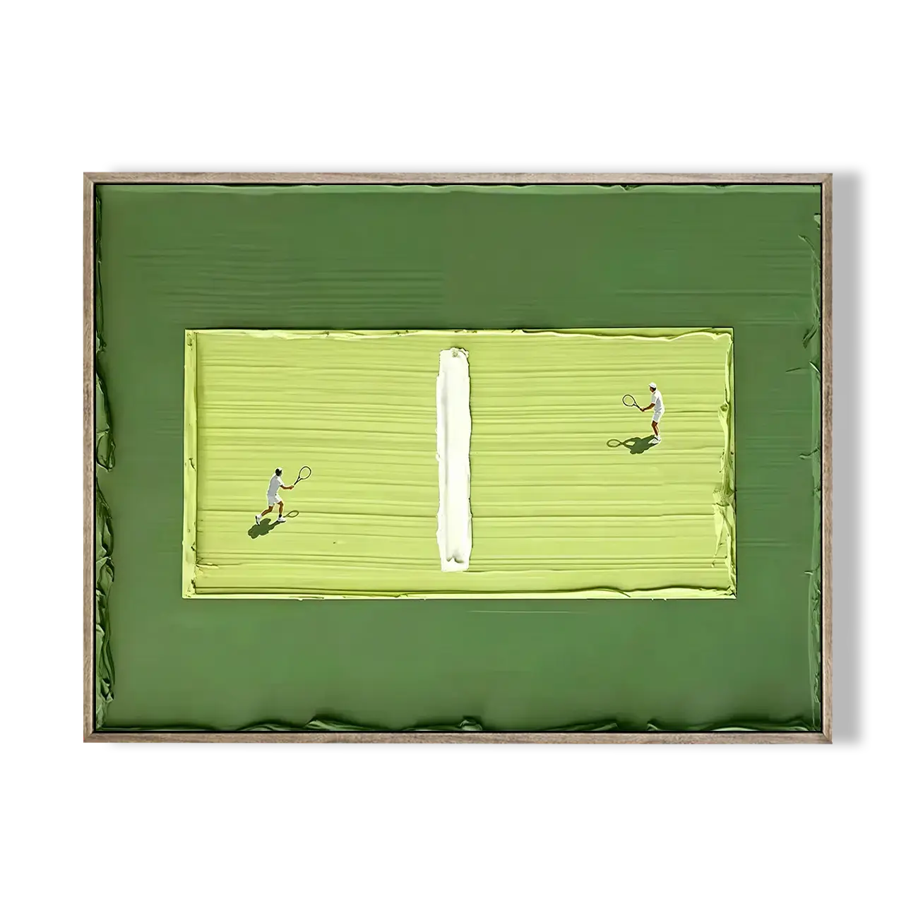 Artistic depiction of a tennis court with two players on a green background