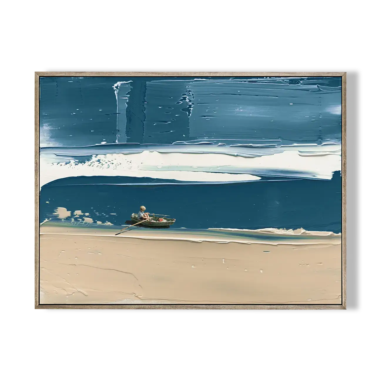 Framed artwork of a beach scene with a boat and abstract sky.