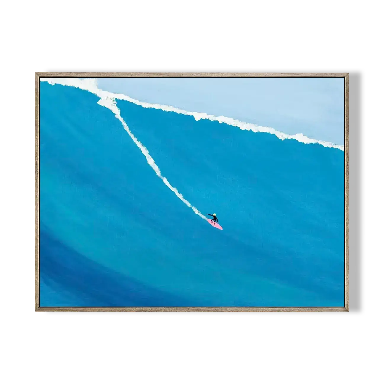 Framed artwork of a surfer on a large wave in blue ocean water.