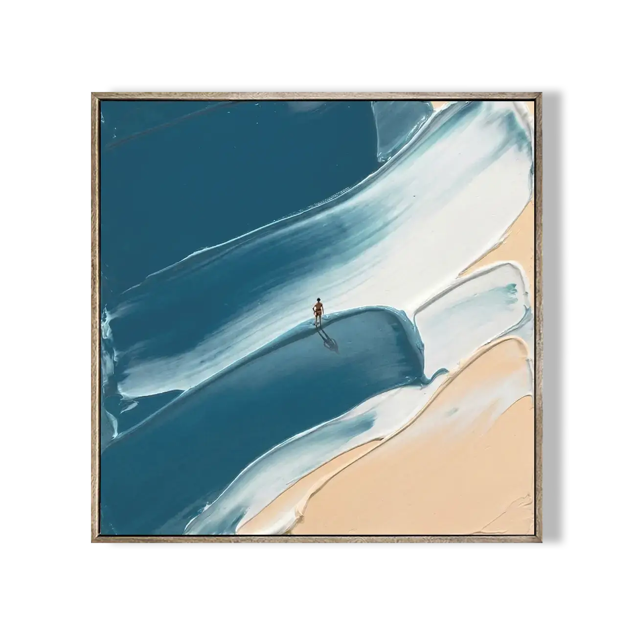 Framed abstract artwork with blue and beige colors on a white background