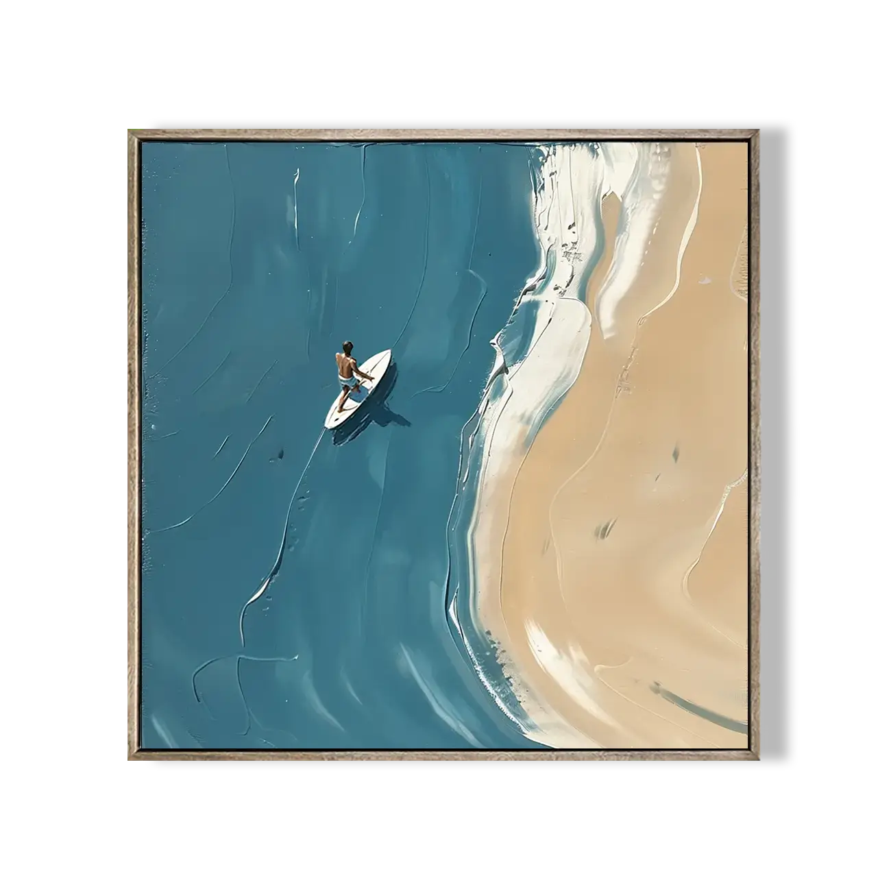 Framed artwork of a person kayaking in blue water near a sandy beach.