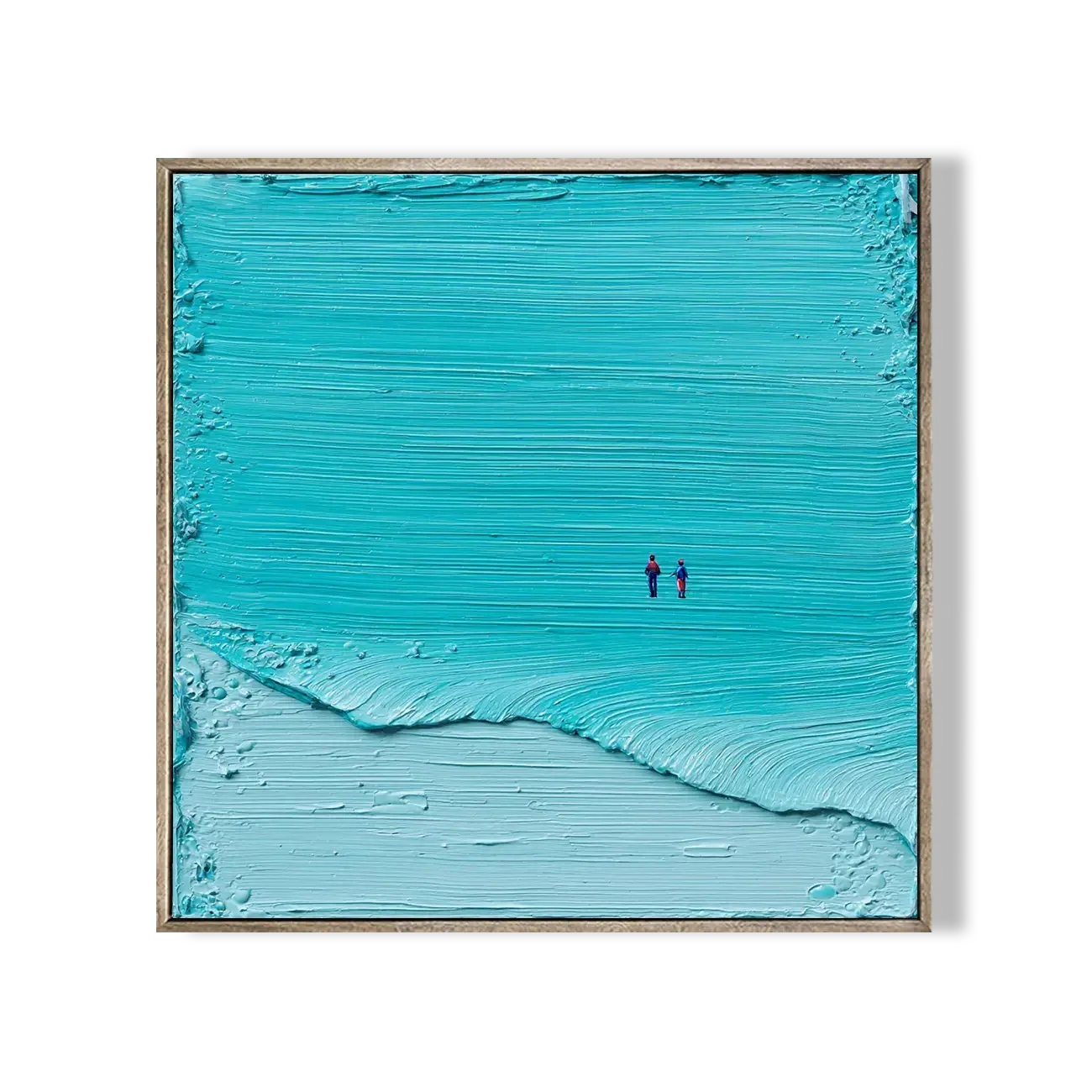 Abstract artwork with two small figures on a textured blue surface
