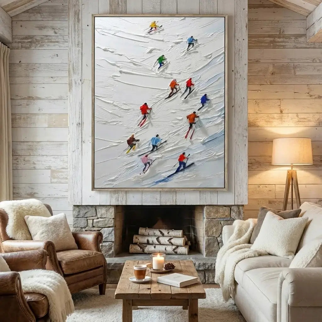 Living room with a fireplace, sofa, armchair, and a large abstract painting of skiers.