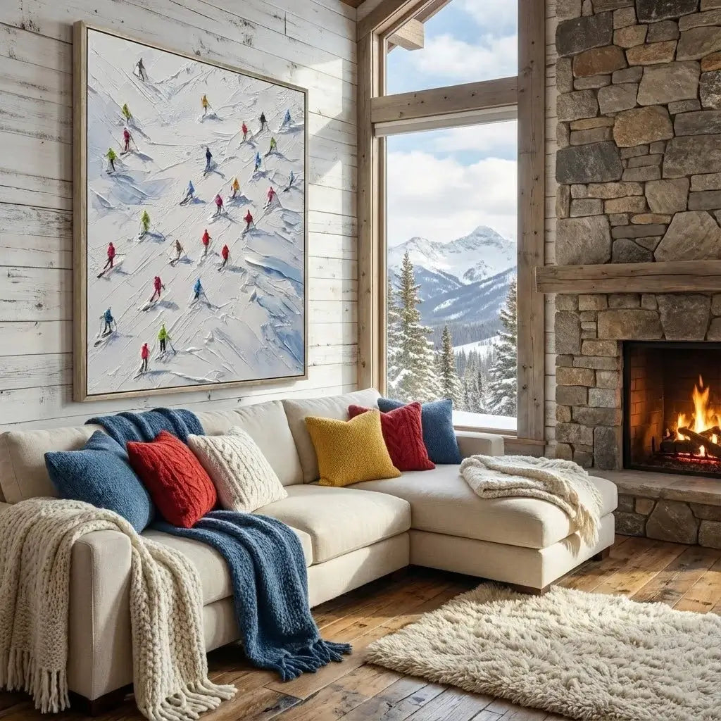 Cozy living room with sectional sofa, fireplace, and mountain view