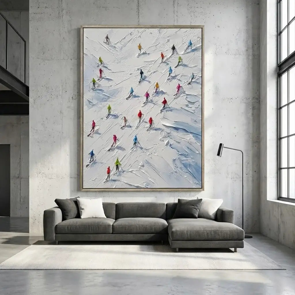 Modern living room with a large abstract painting of skiers on a wall above a gray sectional sofa.