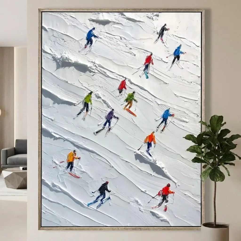 Framed artwork of skiers on a snowy slope in a modern living room.
