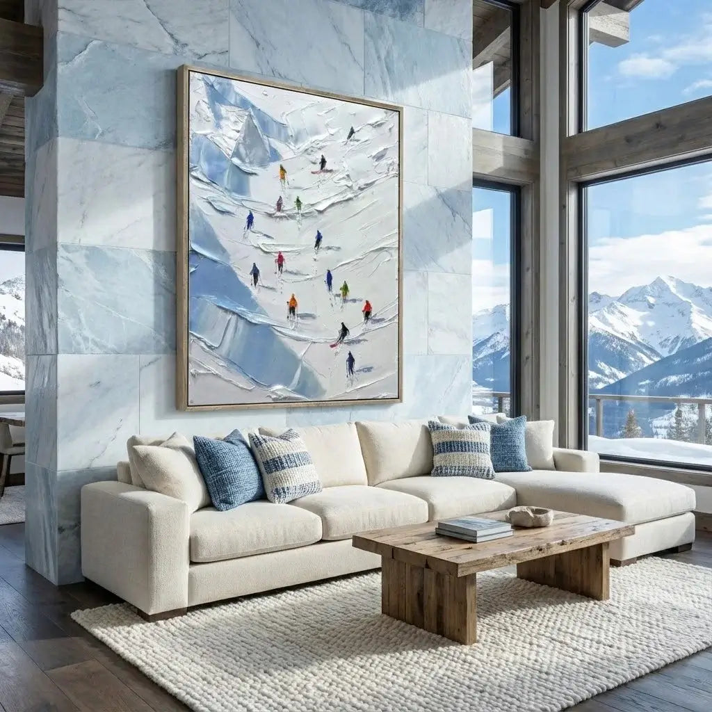 Modern living room with a large sofa, wooden coffee table, and mountain-themed artwork.