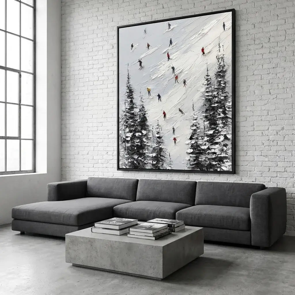 Modern living room with a gray sectional sofa, concrete coffee table, and large framed artwork of skiers on a mountain.
