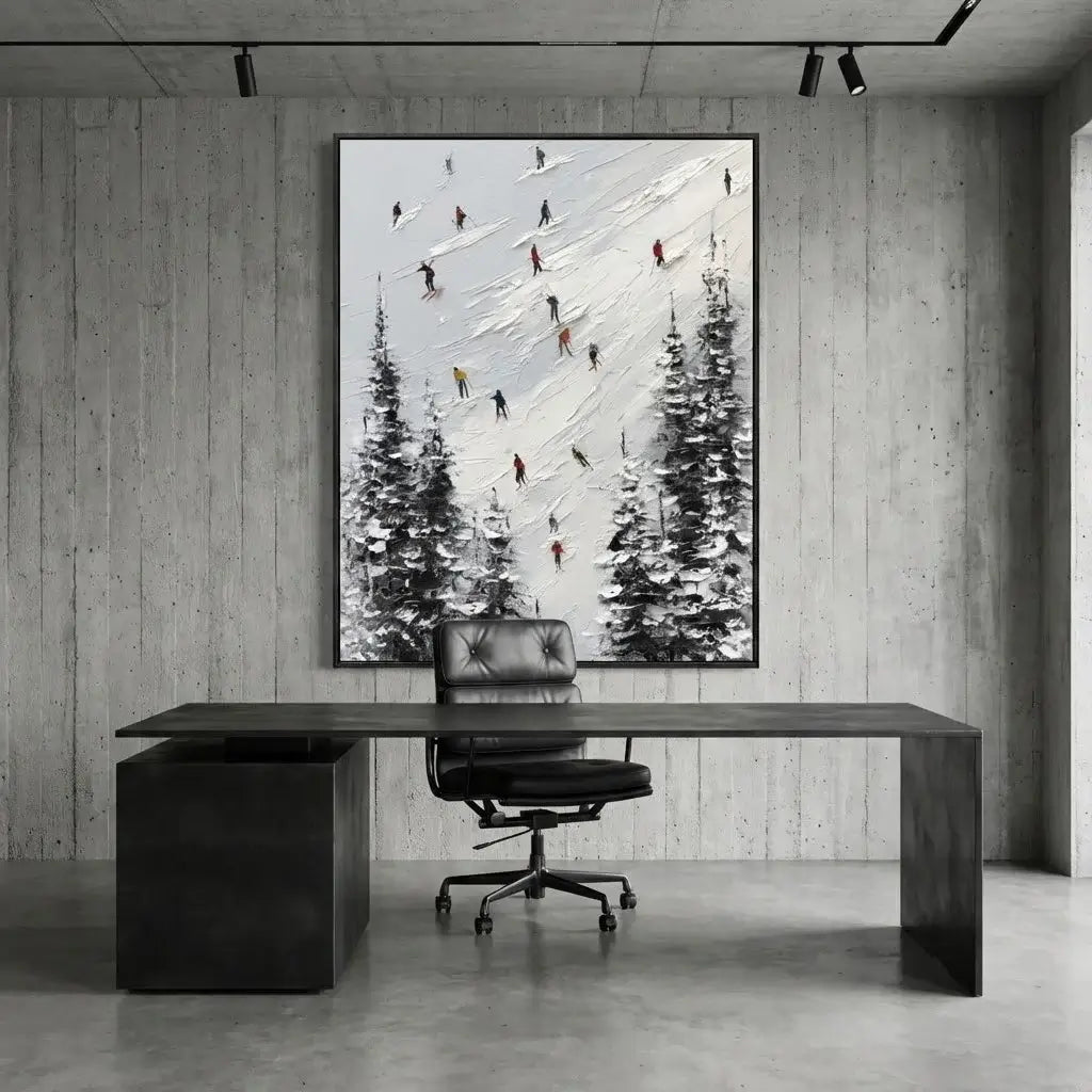 Modern office setup with a large abstract painting of skiers on a wall above a desk.