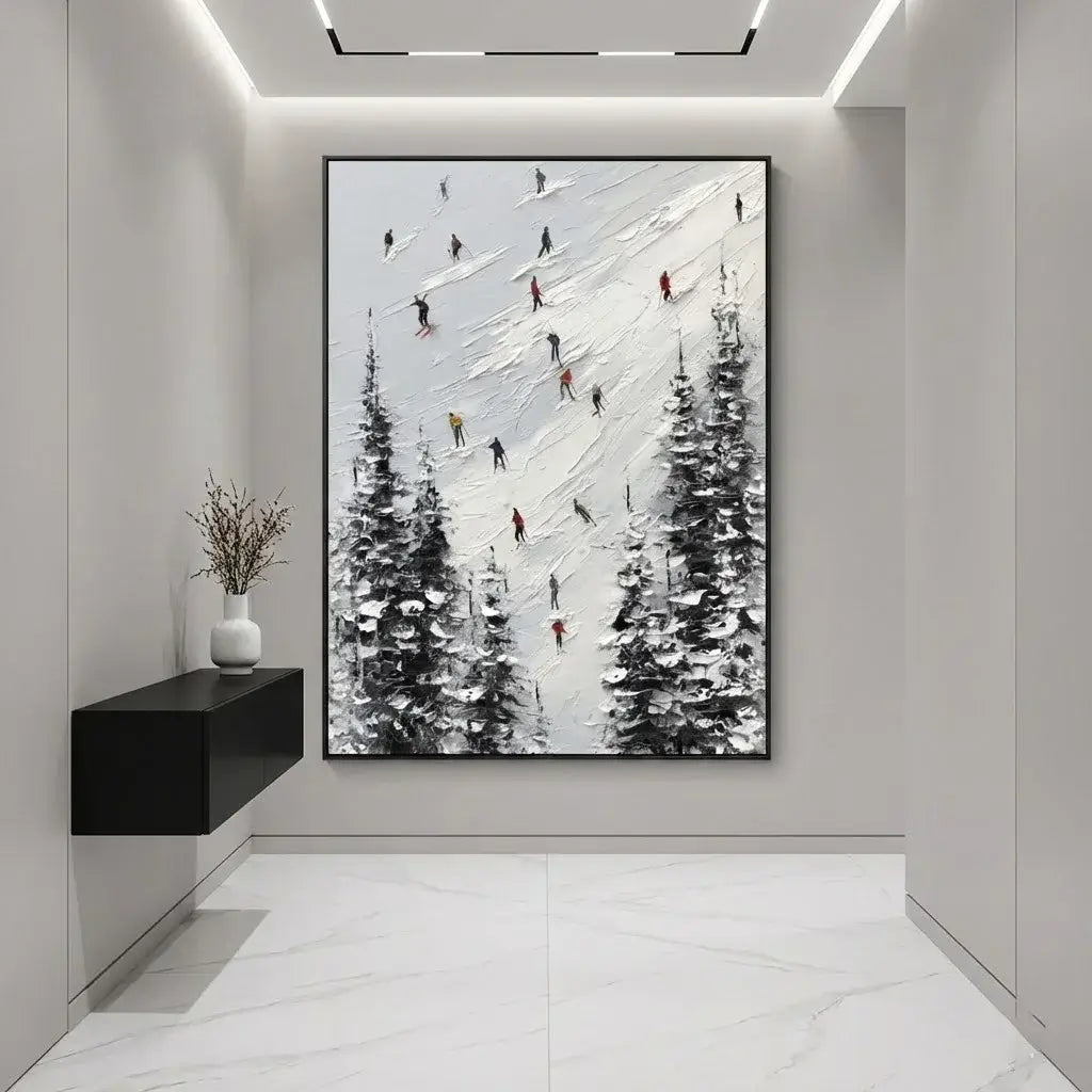 Modern interior with a large abstract painting of skiers on a mountain.