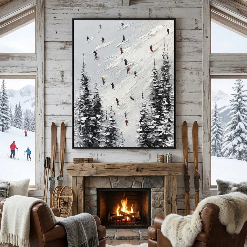 Cozy living room with fireplace, skis, and a winter scene painting on the wall.