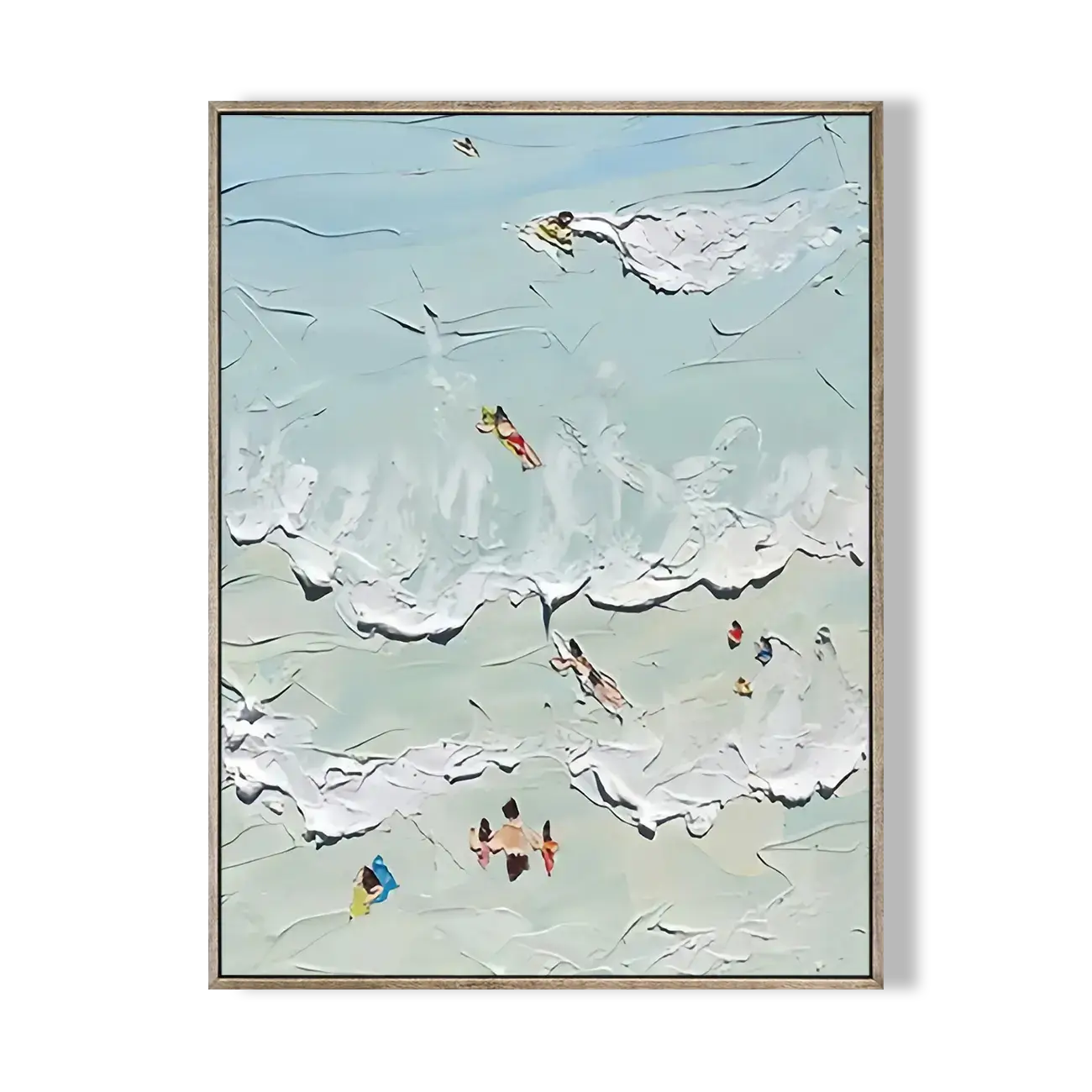 Framed artwork of a beach scene with people and waves.