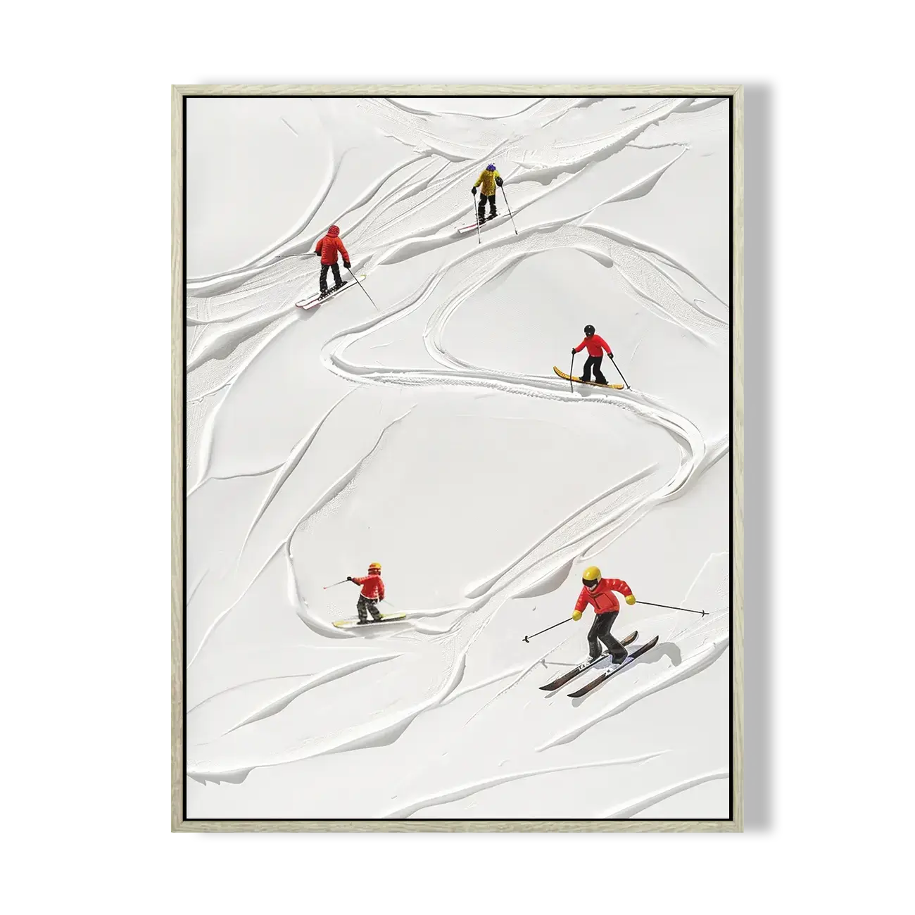 Framed artwork of skiers on a snowy landscape