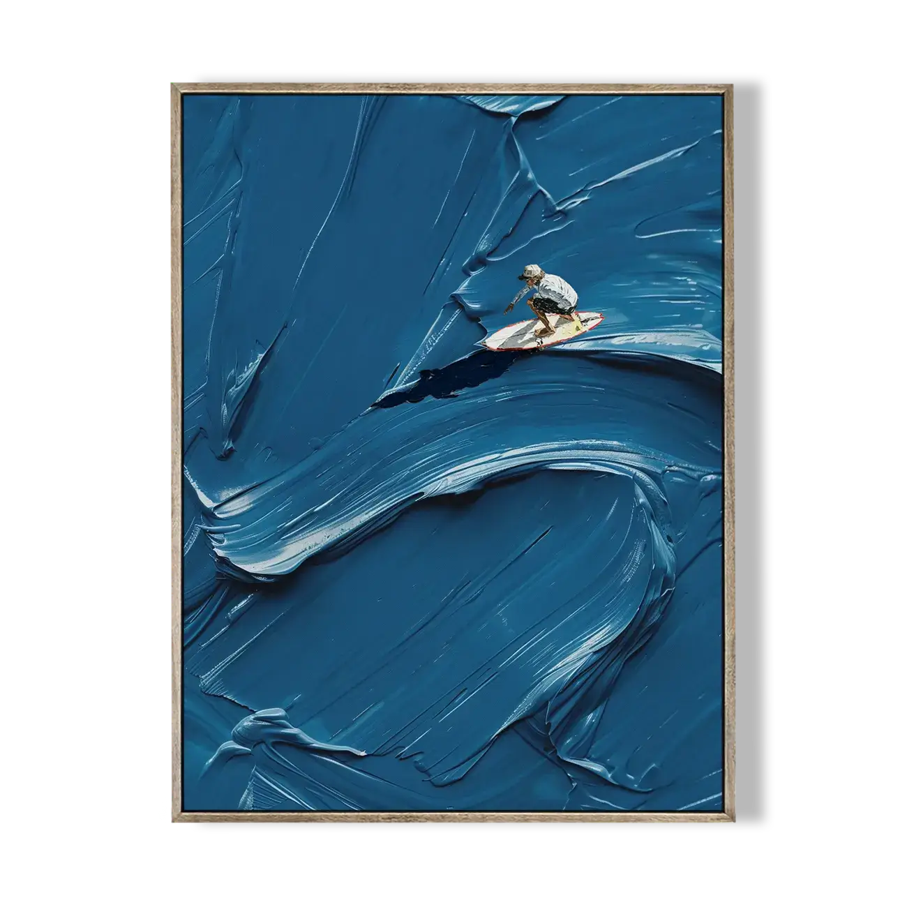 Framed artwork of a surfer on a blue abstract wave background