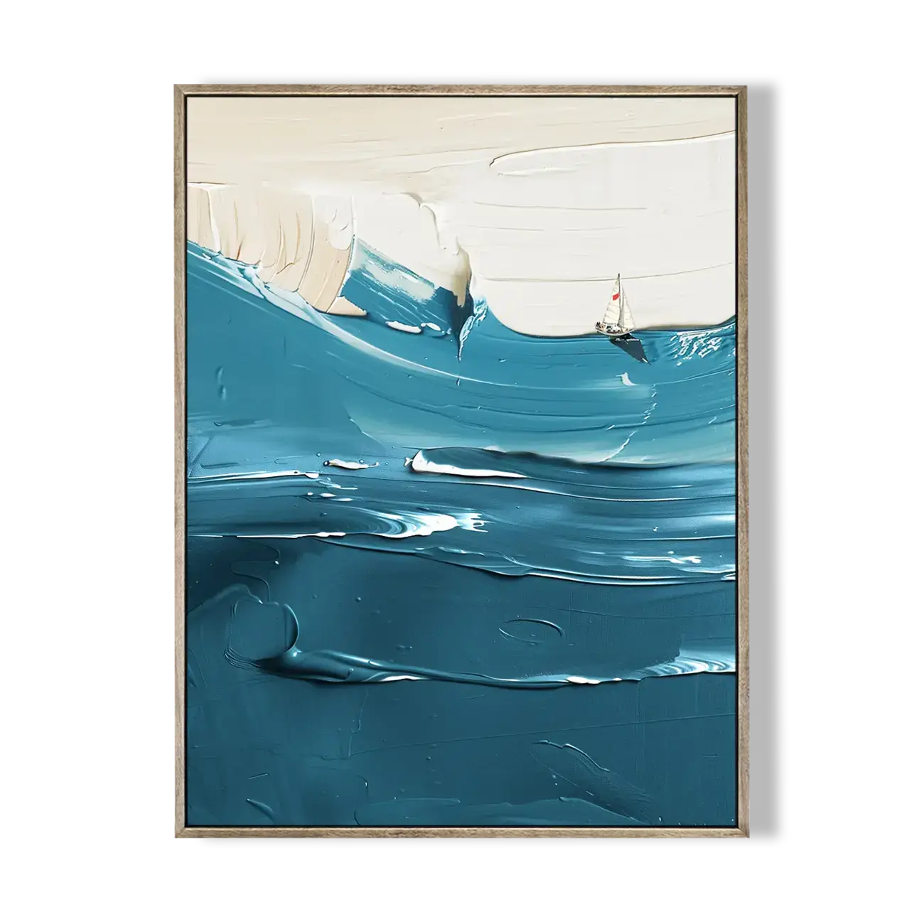 Framed artwork of a sailboat on water with a white background