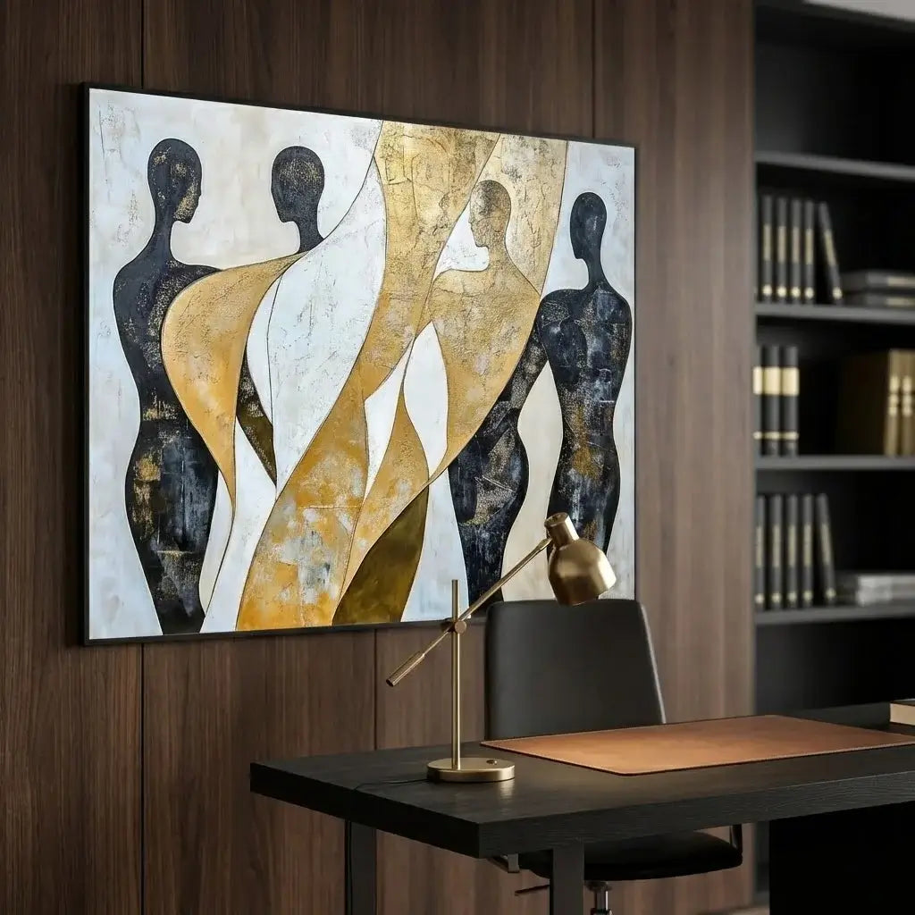 Abstract art piece on a wall above a desk with a lamp and bookshelf in the background.