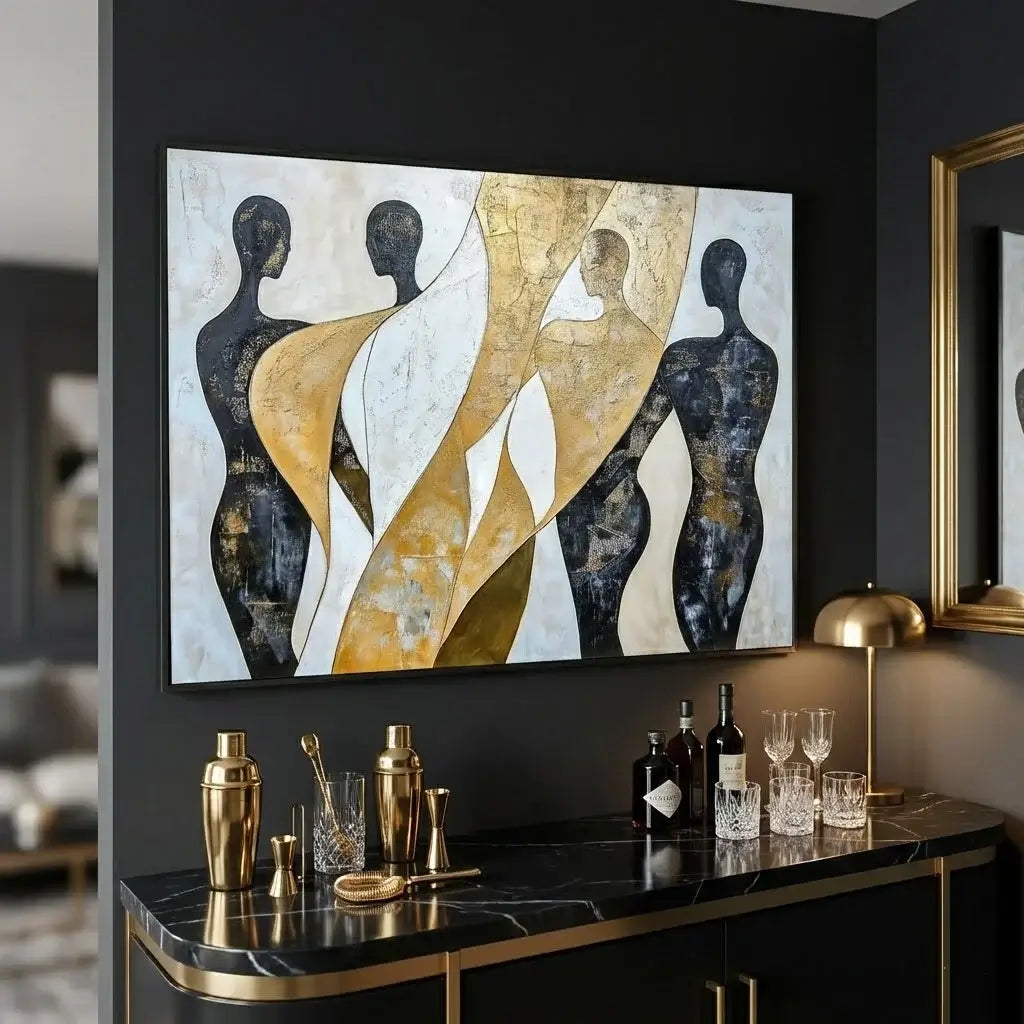 Modern interior with abstract art and bar setup against a black wall.