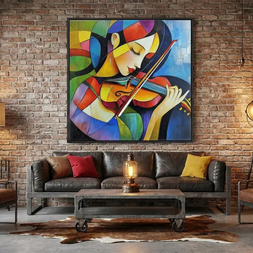 Colorful abstract painting of a woman playing the violin in a living room with a brick wall.