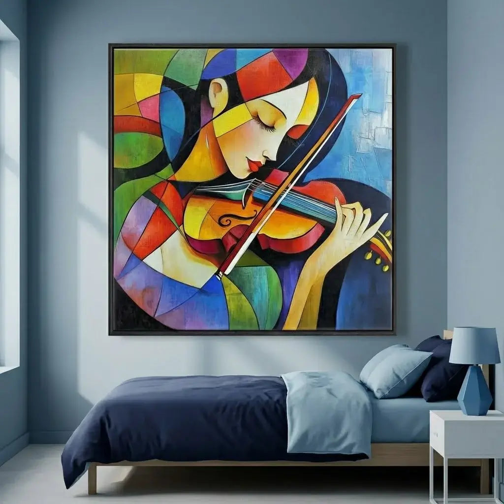 Colorful abstract painting of a woman playing the violin in a bedroom setting.