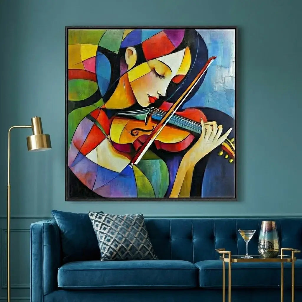 Colorful abstract painting of a woman playing violin on a teal wall above a blue sofa.