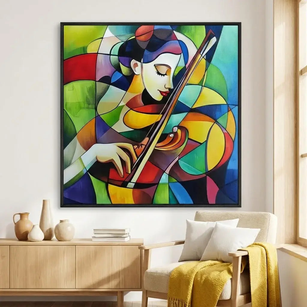 Colorful abstract painting of a woman playing a violin in a living room setting.