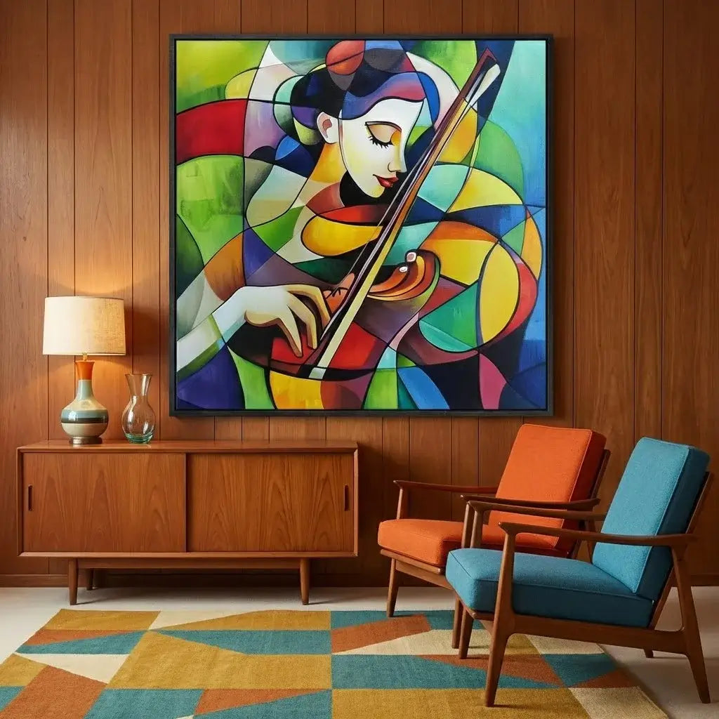 Colorful abstract painting of a woman playing a violin in a living room setting.
