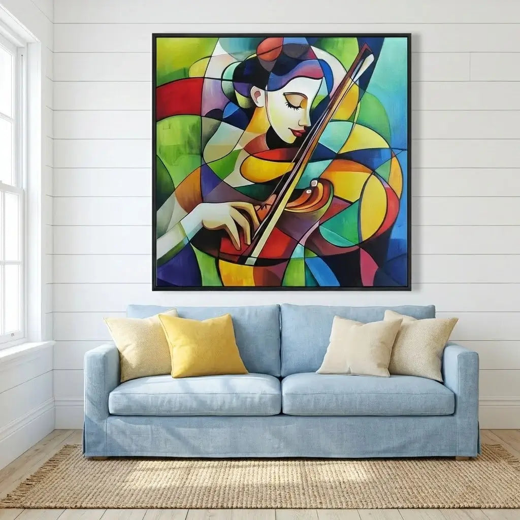 Colorful abstract painting of a woman playing the violin above a light blue sofa with yellow cushions.