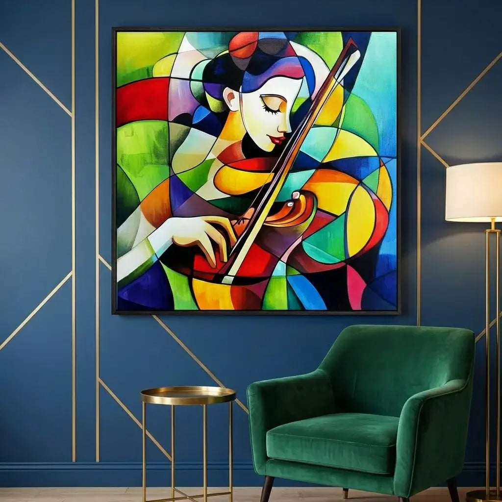 Colorful abstract painting of a violinist on a blue wall with a green chair and gold side table.