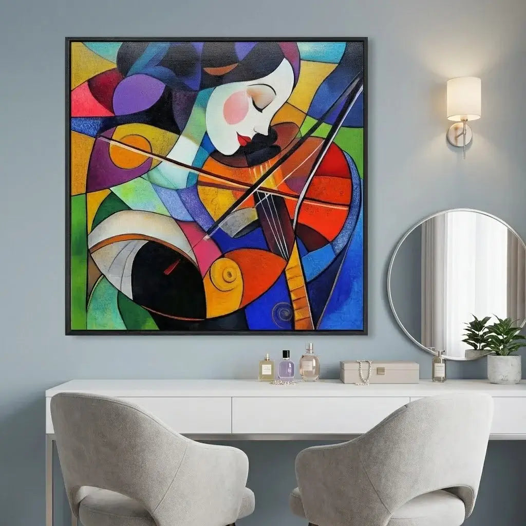 Colorful abstract painting of a violinist on a wall above a white desk with chairs.