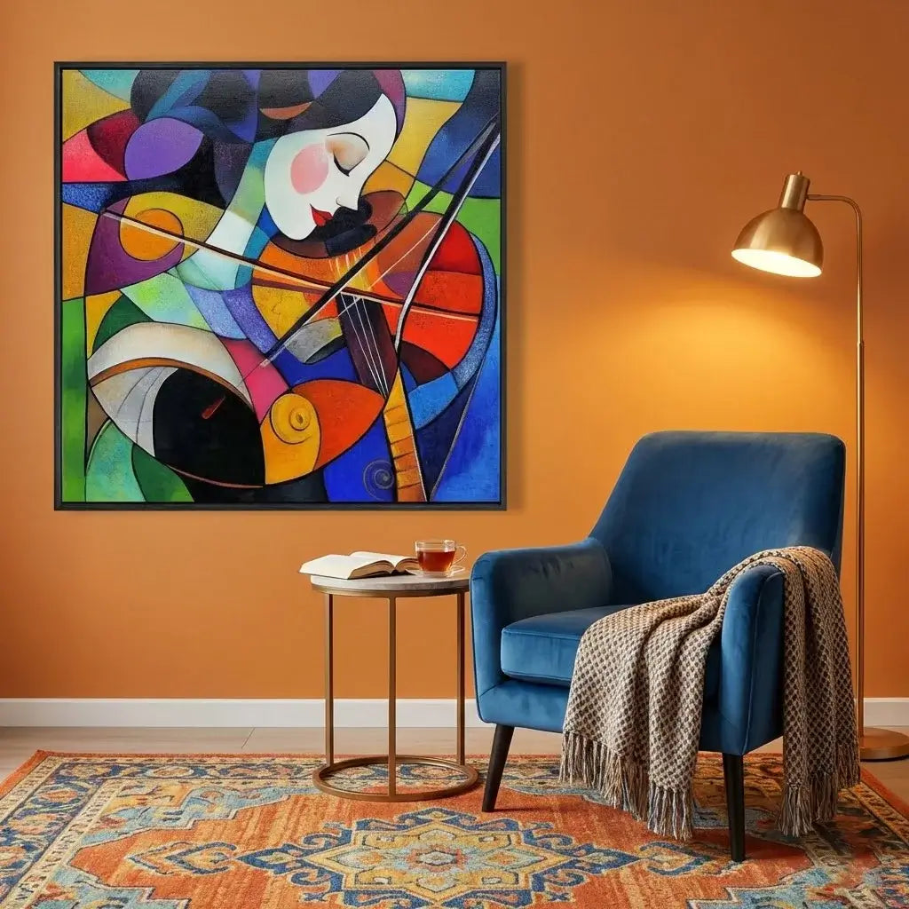 Colorful abstract painting on an orange wall above a blue armchair with a patterned throw.