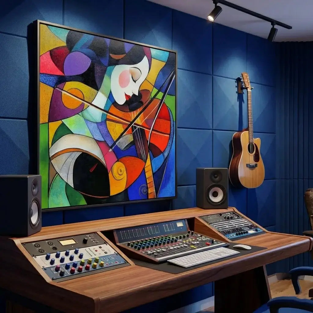 Music production studio with a colorful abstract painting, acoustic guitar, and sound equipment.