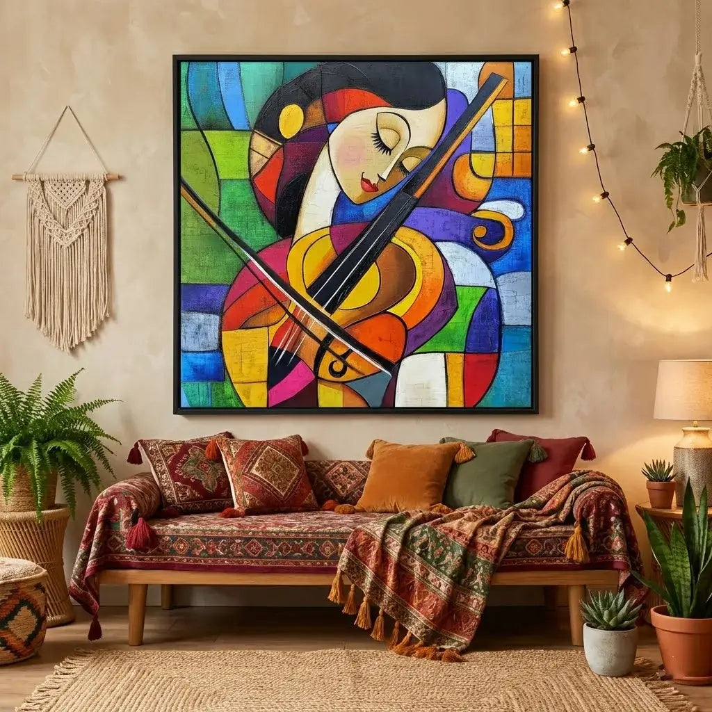 Colorful abstract painting of a woman playing a violin in a living room setting.