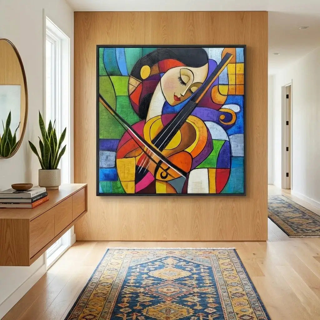 Colorful abstract painting of a woman playing a violin in a modern living room.