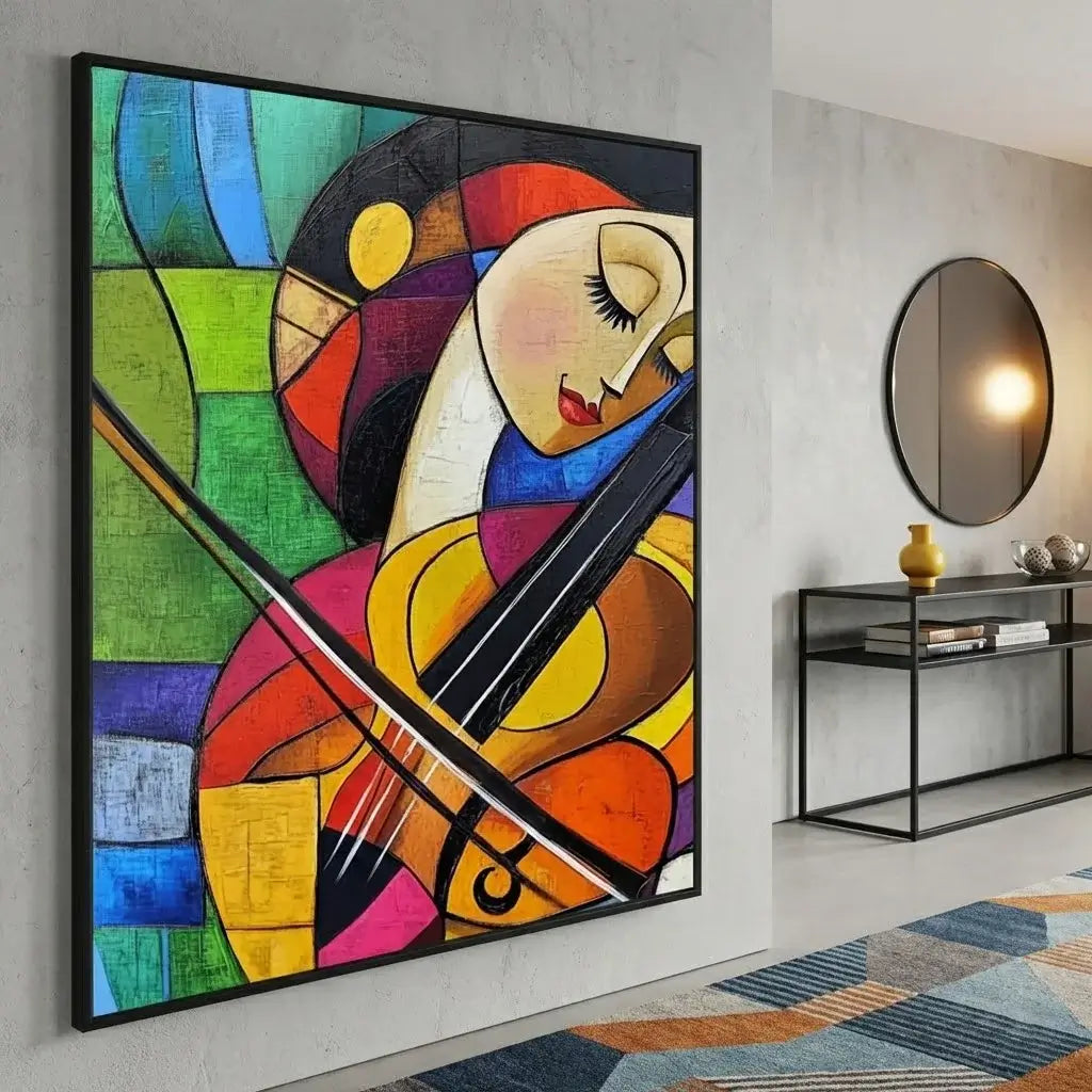 Colorful abstract painting of a woman playing a violin in a modern living room.