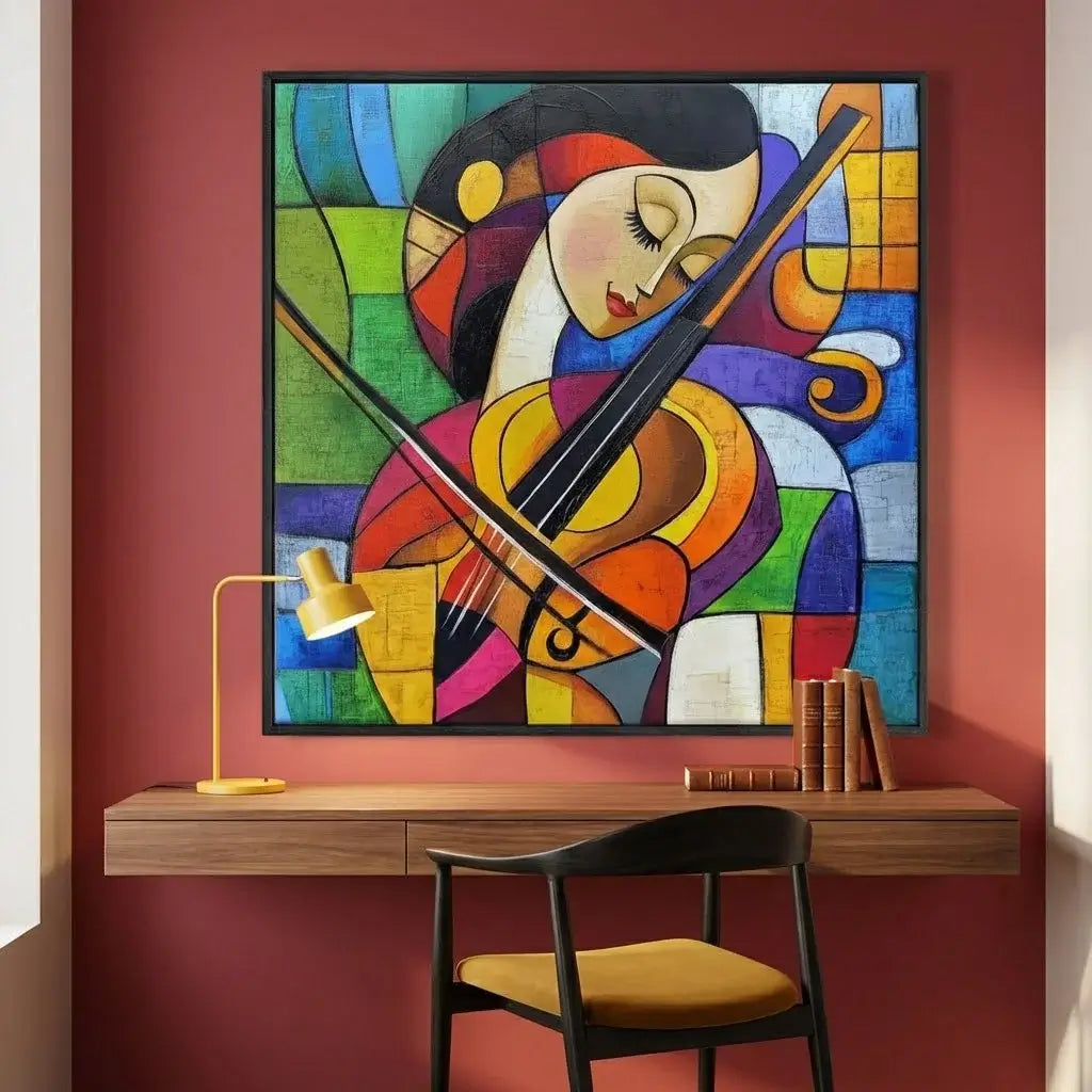 Colorful abstract painting of a woman playing a violin on a wall above a desk.