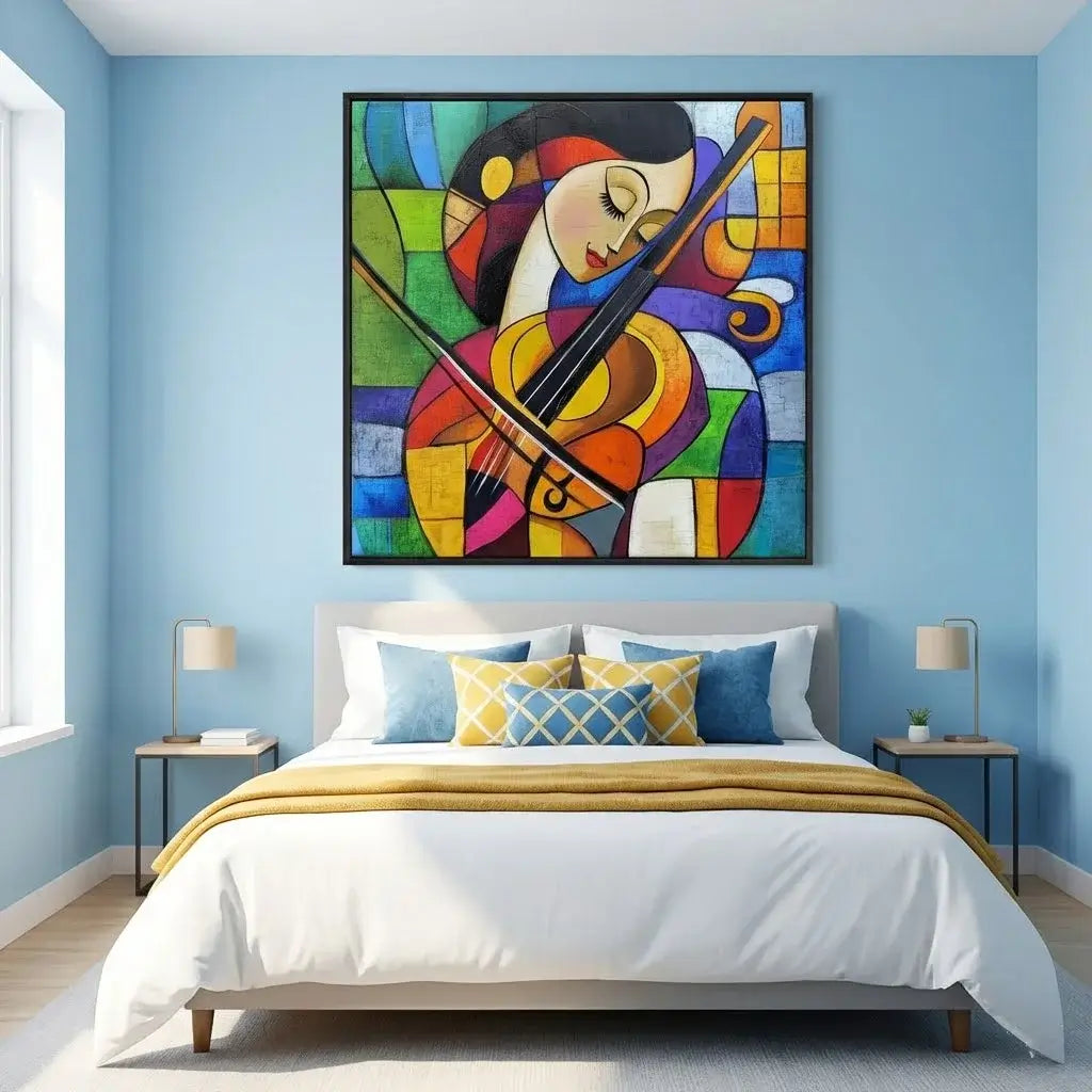 Colorful abstract painting of a woman playing a violin above a bed in a bedroom with blue walls.