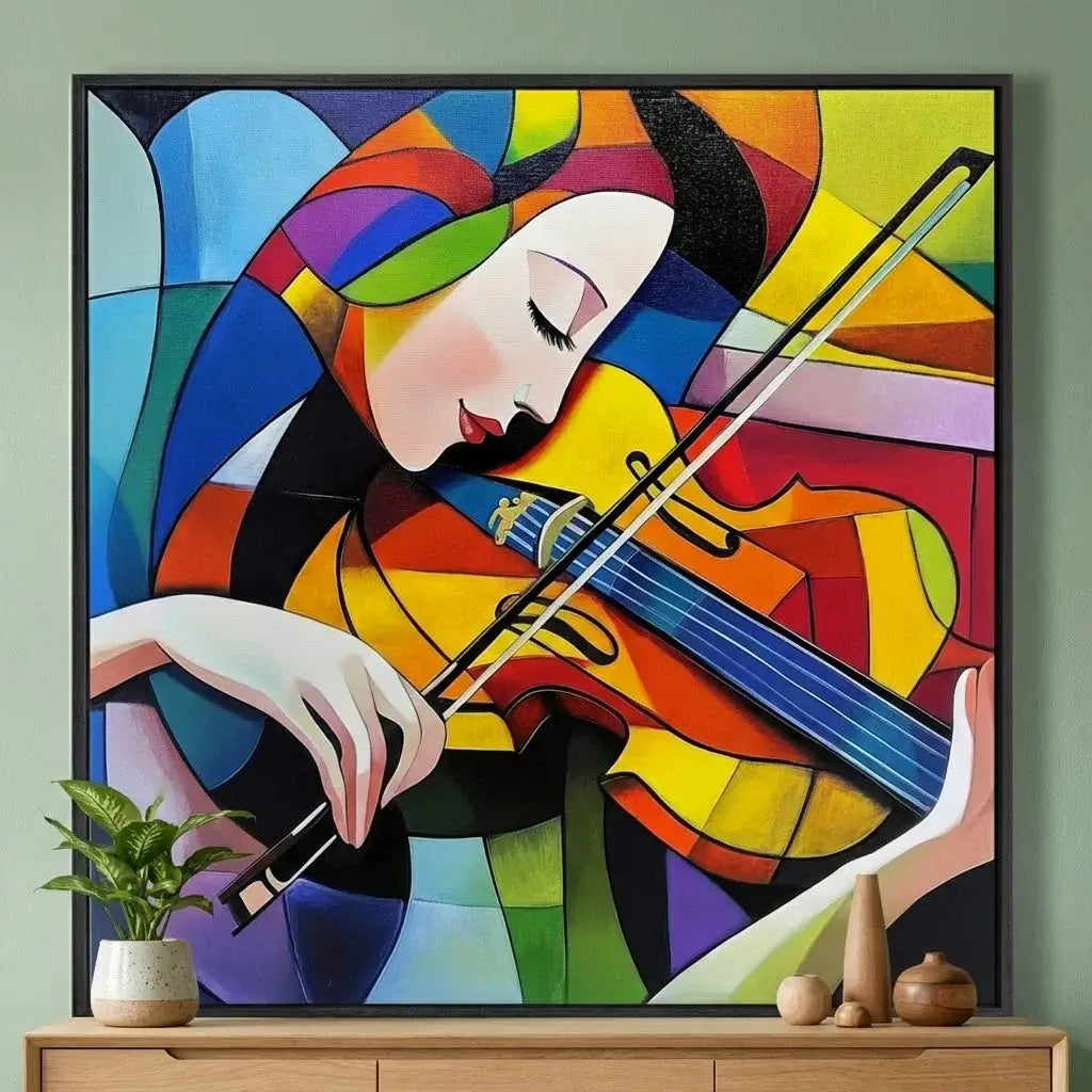 Colorful abstract painting of a woman playing the violin on a wall.
