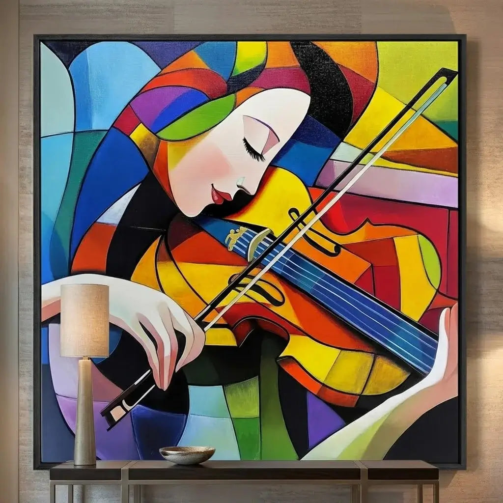 Colorful abstract painting of a woman playing the violin on a wall.